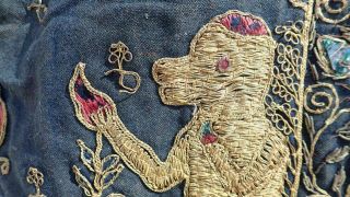 Antique 19th C Indian Mughal Gold Silk Textile Panel Hanging Lions Monkey Tree 5