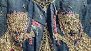 Antique 19th C Indian Mughal Gold Silk Textile Panel Hanging Lions Monkey Tree 6