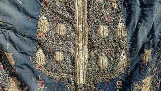 Antique 19th C Indian Mughal Gold Silk Textile Panel Hanging Lions Monkey Tree 8