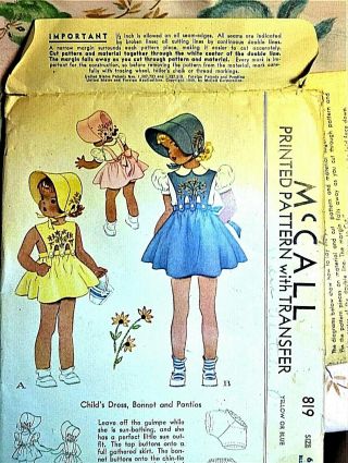 Vintage McCall Cute Girl ' s Sundress & Bonnet Sewing Pattern 819,  Uncut sz.  6 2