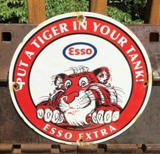 Vintage Esso Extra Gasoline Porcelain Sign,  Gas Station,  Pump Plate,  Tiger,  Oil