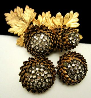 Rare Vintage Signed Miriam Haskell Pine Cone 2 - 3/4 " Brooch & 1 " Earring Set A60