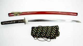 Antique 89cm Japanese Katana Sword WAZAMONO Katsuie勝家 Samurai Nihonto w Red Saya 7