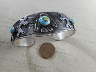 Fred Harvey Era Silver & 3 Stone Turquoise Bracelet With Thunderbird Horse Dog