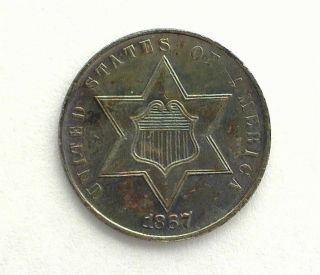 1867 3 Cents Silver Gem Uncirculated Rainbow Toning Rare This