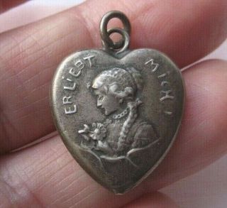 Antique Art Nouveau German 800 Silver " He Loves Me " Puffy Heart Charm