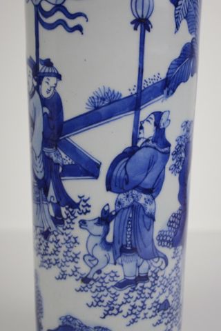 Perfect Antique Chinese 17th C Transitional Blue And White Figural Sleeve Vase 10
