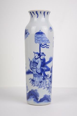 Perfect Antique Chinese 17th C Transitional Blue And White Figural Sleeve Vase