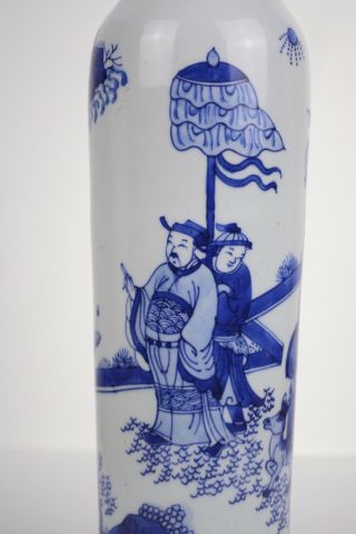 Perfect Antique Chinese 17th C Transitional Blue And White Figural Sleeve Vase 3