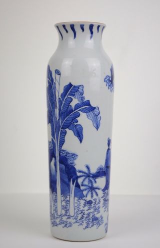 Perfect Antique Chinese 17th C Transitional Blue And White Figural Sleeve Vase 6
