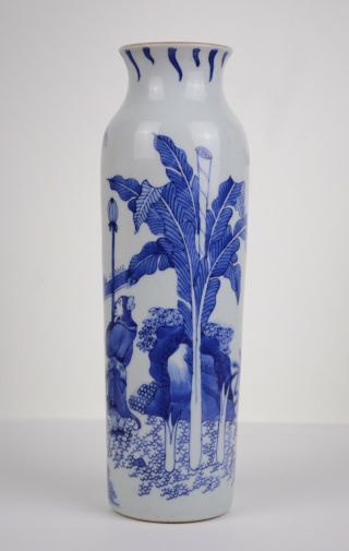Perfect Antique Chinese 17th C Transitional Blue And White Figural Sleeve Vase 7