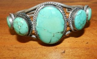 Vtg Silver Fred Harvey Era Green Turquoise Bracelet Navajo 5 Stone