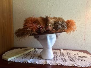 Antique Edwardian Hat Ca.  1912 Brown Velvet Ostrich Plumes Orange Velvet Flowers