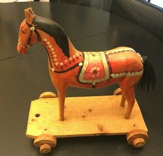 Antique Primitive Polish Wooden Horse Pull - Toy On Wheels