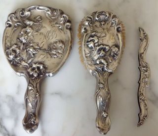 Antique 3pc Victorian Art Nouveau Sterling Silver Vanity Dresser Set Repousse