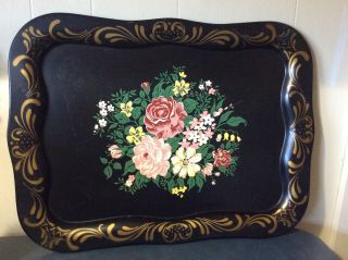 Large Painted Tole Ware Metal Serving Tray 21” X 16” Black Gold Floral