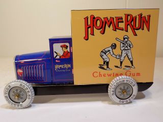 Vintage Tin Toy Delivery Truck by Schylling Toys Home Run Chewing Gum Pencil Box 3