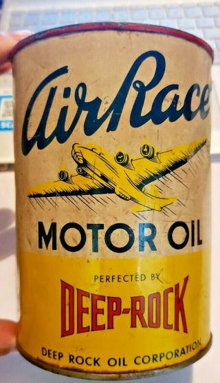 Vintage Full One Quart Deep Rock Air Race Premium Oil Can Airplane Gas Station