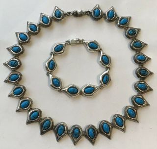 Vintage Sterling Turquoise Teardrop Link 16”necklace 7”bracelet Set 44.  8g Mexico