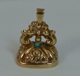 Solid 9ct Gold & Turquoise Pocket Watch Fob Seal Intaglio Pendant t0417 6