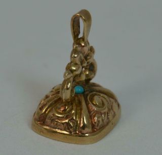 Solid 9ct Gold & Turquoise Pocket Watch Fob Seal Intaglio Pendant t0417 8