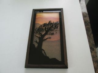 Reverse Painted Tree Silhouette Picture W Mountains & Sunset Background 3950