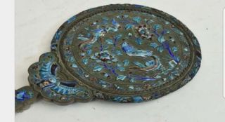 Chinese Enamel Bronze Mirror with Carved White Jade Dragon Belt Buckle Handle 3