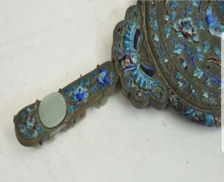 Chinese Enamel Bronze Mirror with Carved White Jade Dragon Belt Buckle Handle 4