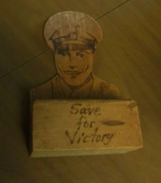 Very Rare Vintage Wwii " Usa Save 4 Victory " Burnt Wood Soldier Bank Sidney,  Ne