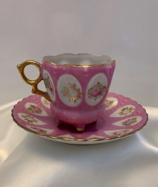 Antique Miniature Teacup And Saucer Pink With Gold Trim " Made In Occupied Japan "