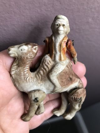 Rare Antique All Bisque Monkey Riding Camel Hertwig German Miniature Jtd 3” Nr