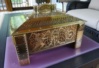 Large Vintage Antique Jewelry Keepsake Treasure Chest Box Inlaid Brass Wood Ooak