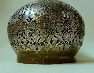 HUGE ANTIQUE PERSIAN ISLAMIC DAMASCUS SILVER INLAID BRASS INCENSE BURNER COVER 10