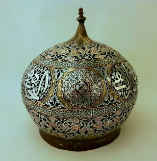 HUGE ANTIQUE PERSIAN ISLAMIC DAMASCUS SILVER INLAID BRASS INCENSE BURNER COVER 4