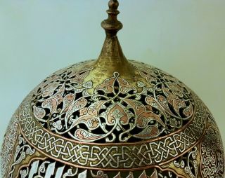 HUGE ANTIQUE PERSIAN ISLAMIC DAMASCUS SILVER INLAID BRASS INCENSE BURNER COVER 7