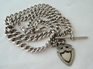 Heavy Antique Solid Silver Double Albert Watch Chain T - Bar & Fob 27 Inch 87 Gms