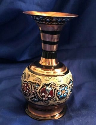 Vintage Islamic Copper Silver Inlaid Engraved Vase Flowers Design