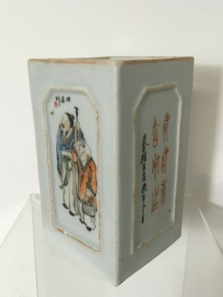FINE 19 TH CENTURY CHINESE FAMILLE ROSE BRUSH POT WITH FIGURES & CALLIGRAPHY 3