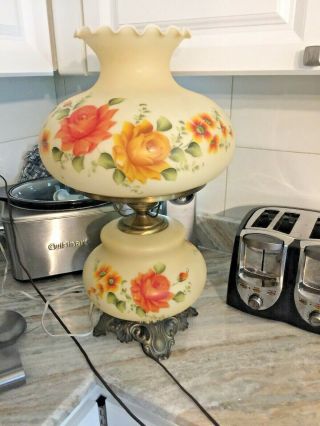 Vintage Gone With The Wind Hurricane Lamp Hand Painted Flowers 3 Way Large