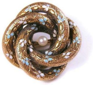 Victorian Krementz 14K Gold & Pearl Edwardian Forget Me Not Enamel Love Knot Pin 2