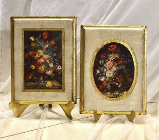 2 Vtg Italian Florentine Gold Gilt Wood Wall Plaque Cherub Floral Art 7.  75x5.  75”