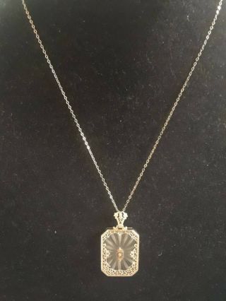 Art Deco Filigree Camphor Glass Diamond 14k White Gold Necklace 1920’s