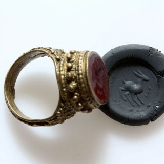 Intact Near East Medieval Bronze Decorated Intaglio Seal Ring - Gem Stone
