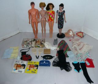 Vtg.  4 Brunette Barbie,  Flip Hair Barbie,  Bubblecut Barbie & Ken Dolls W/clothes