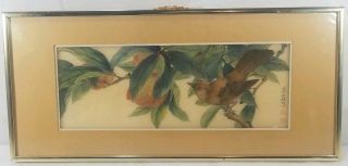 Vintage Chinese Bird In Peach Tree Watercolor On Silk Painting (framed)