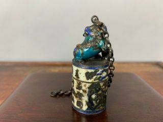 19th/20th C.  Chinese Sterling Silver Blue Enamel Buddhist Lion Scholar Seal Chop 3