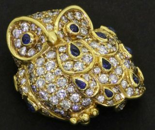 Arfan Paris Vintage Heavy 18k Gold 3.  6ctw Vs Diamond/sapphire Cluster Owl Brooch