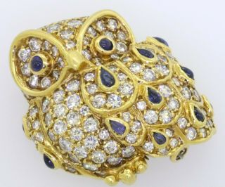 Arfan Paris vintage heavy 18K gold 3.  6CTW VS diamond/sapphire cluster owl brooch 2