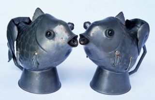 Antique Chinese Pewter Wine Ewers In Goldfish Form
