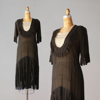 1920s Dress Fringed Black Silk Carwash Flapper Fringe Vintage 20s Deco Dress